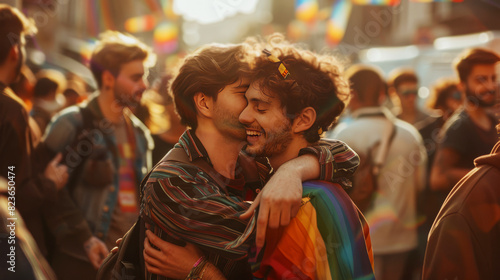 Gay couple embracing joyfully at a pride parade, surrounded by a crowd, capturing love, acceptance, and celebration in a vibrant, festive atmosphere.