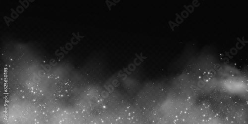 Fantastic smoke background. Magic smoke with glitter and small particles of twinkling stars, fog with glowing particles, gray vapor with stardust. Vector illustration.	