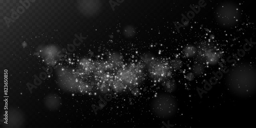 Luminous bokeh, softly shimmering with white light. Light abstract glowing lights. Glowing bokeh effect isolated on dark transparent background. Christmas background made of glowing dust.	 photo