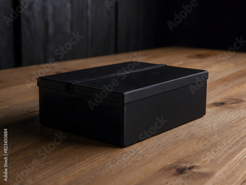 A black box is in the photo in front of a black wall on a wooden table design.