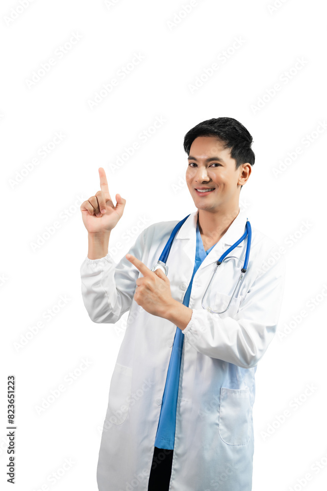 Man portrait of a doctor wearing a white coat and a stethoscope looking into the camera on a white isolated background Man portrait of a doctor wearing a white coat and a stethoscope looking into the camera on a white isolated background