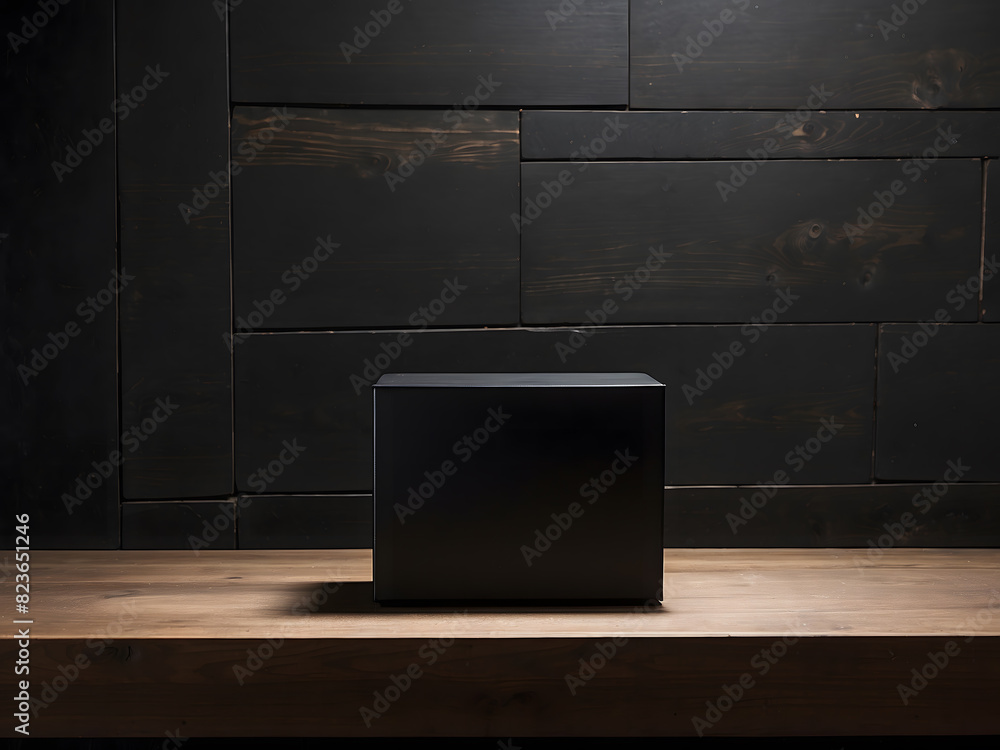 A black box is in the photo in front of a black wall on a wooden table design.