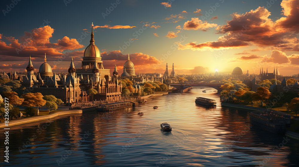 Fototapeta premium Behold The Iconic River That Winds Its Way Through The Historic Cityscape Background