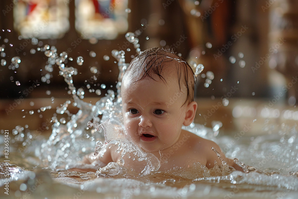 Obraz premium Happy cute small baby boy girl made by Generative AI technology in cute clothes infant toddler age