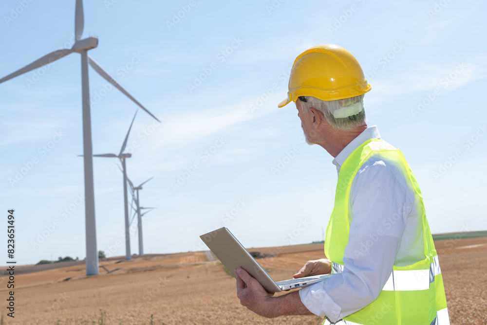 Engineer using laptop for wind turbine inspection Engineer using laptop for wind turbine inspection