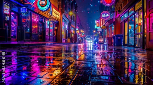Vibrant neon-lit street scene at night, with colorful signs and reflections creating a dynamic atmosphere --ar 16:9 --style raw Job ID: 04eb356e-0062-460f-81ba-d49b6306b046