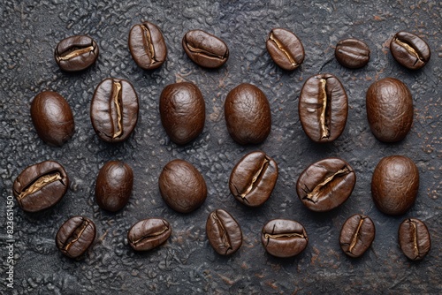 Artful Arrangement of Espresso Beans on Dark Textured Surface in Close-Up View