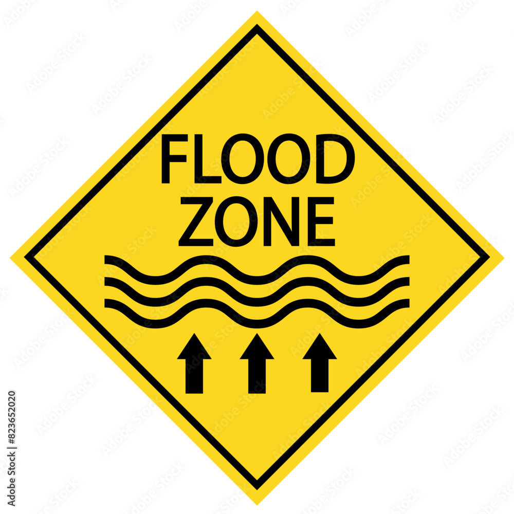 Flood zone. Diamond shape warning sign with symbol of water level rising and text. Stock Vector