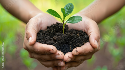 Seedling in Hands - A photo showcasing a pair of hands holding a seedling, with a natural background, symbolizing hope, growth, and environmental protection.