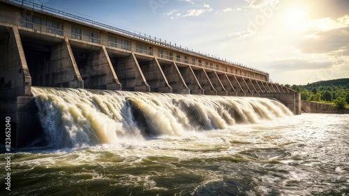 A wide panoramic shot of a massive hydroelectric dam with multiple spillway gates open  releasing a spectacular curtain of water into the river below against a scenic backdrop.