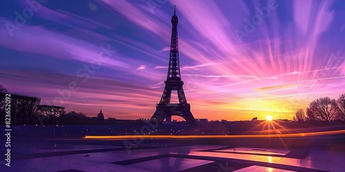 Paris Eiffel Tower at sunset iconic landmark against colorful sky. Concept The Eiffel Tower, Paris, Landmark, Sunset, Colorful Sky