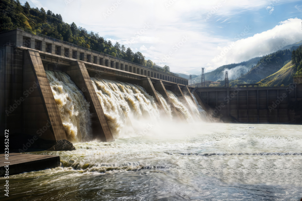 A hydroelectric dam releases massive amounts of water, forming powerful cascading waterfalls against a scenic backdrop of mountains and forests in golden hues. A hydroelectric dam releases massive amounts of water, forming powerful cascading waterfalls against a scenic backdrop of mountains and forests in golden hues.
