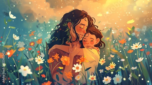 An affectionate moment between a nonbinary parent and their child  sharing a hug amidst a field of blooming flowers