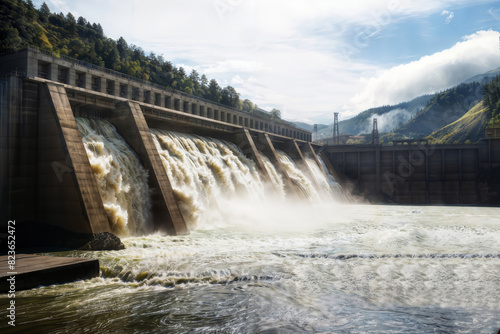 A hydroelectric dam releases massive amounts of water, forming powerful cascading waterfalls against a scenic backdrop of mountains and forests in golden hues.