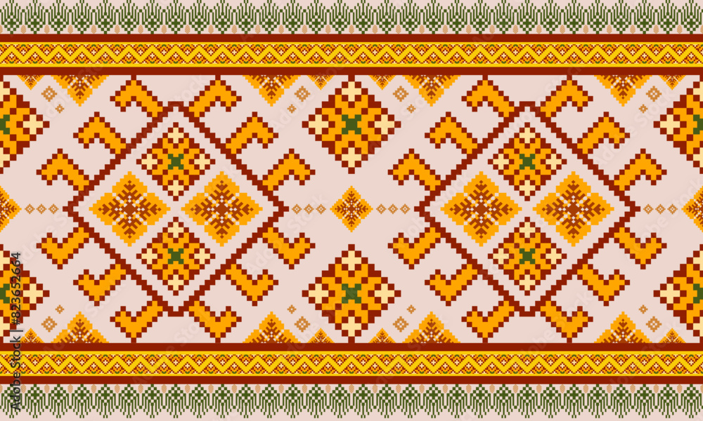 Orange flowers geometric seamless ethnic pattern design for fabric, clothing, wallpaper, background, wrapping, batik, sarong, embroidery, curtain Orange flowers geometric seamless ethnic pattern design for fabric, clothing, wallpaper, background, wrapping, batik, sarong, embroidery, curtain