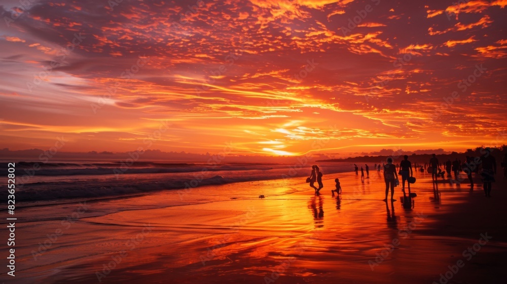 Fototapeta premium Sunset at the beach, with silhouettes of people and the sky painted in shades of orange and pink --ar 16:9 --style raw Job ID: f3920da0-5a60-4fcb-9a47-dc14402f5a35