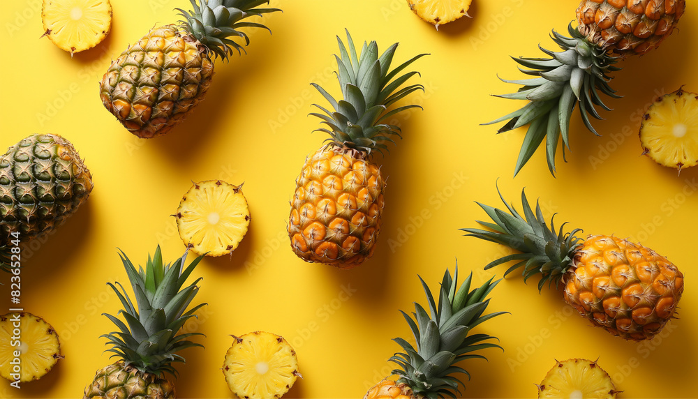 pineapple slices background image on yellow, tropical fruits, summer concept banner pineapple slices background image on yellow, tropical fruits, summer concept banner