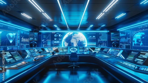 The control center of a high-tech deep sea port, with advanced monitoring systems and AI-driven operations, in a futuristic, sleek style. --ar 16:9  photo