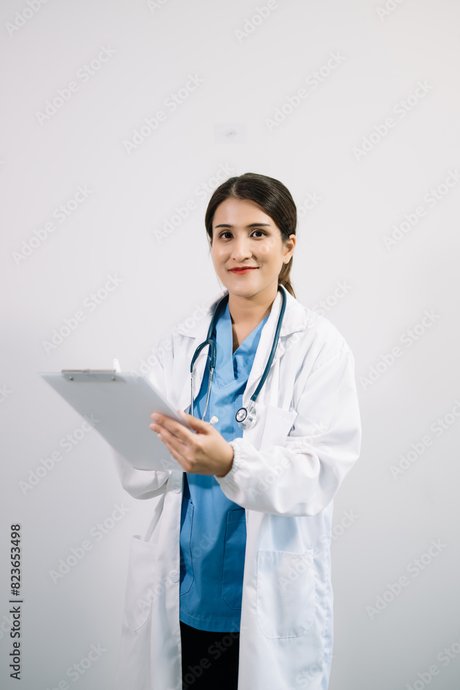 Muslim Arab person. The face of a female doctor on an isolated white background. Muslim Arab person. The face of a female doctor on an isolated white background.