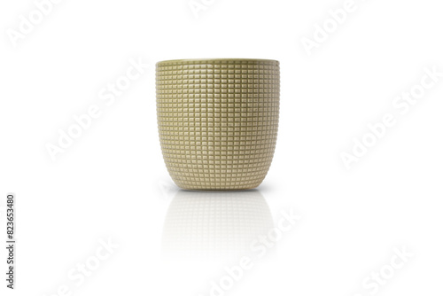 Empty flower pot isolated on a white background. Decorative plant pot. Green container for growing indoor plants. 