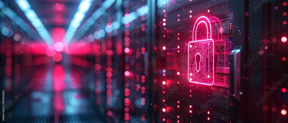 Obraz premium Digital lock for cyber security selective focus, secure data, vibrant, overlay, server room