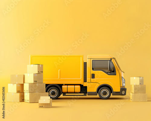 A yellow delivery truck next to cardboard boxes, on a yellow background