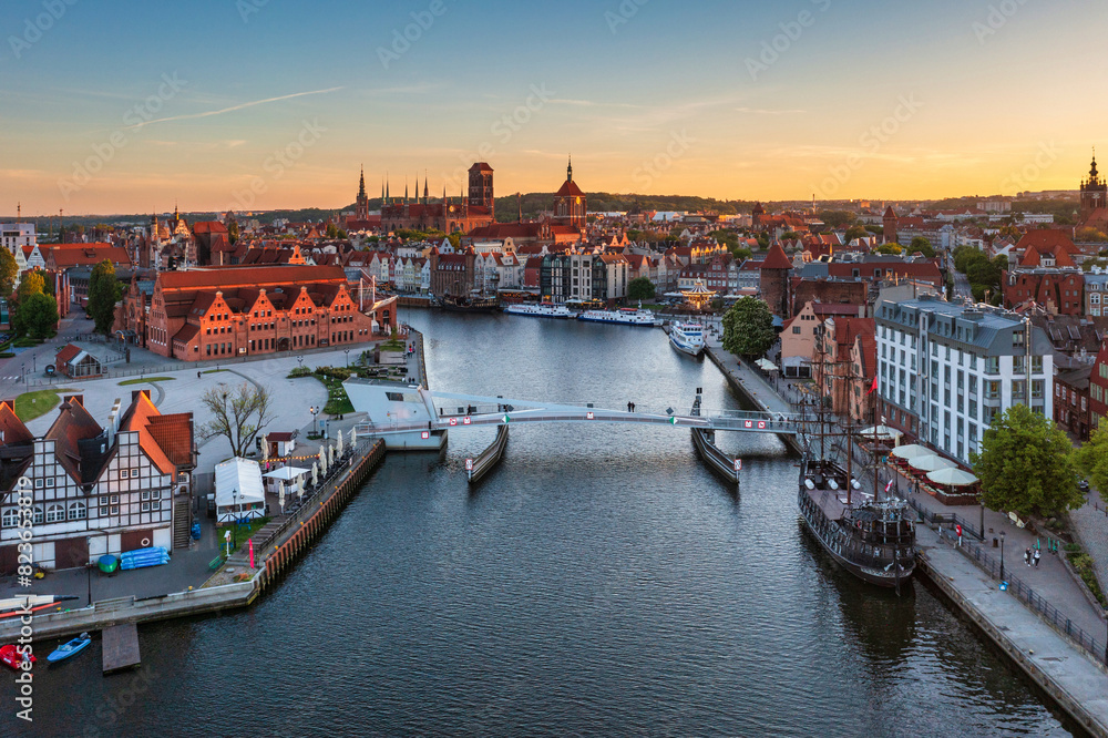 Fototapeta premium Aerial landscape of the Main Town of Gdansk by the Motlawa river, Poland.