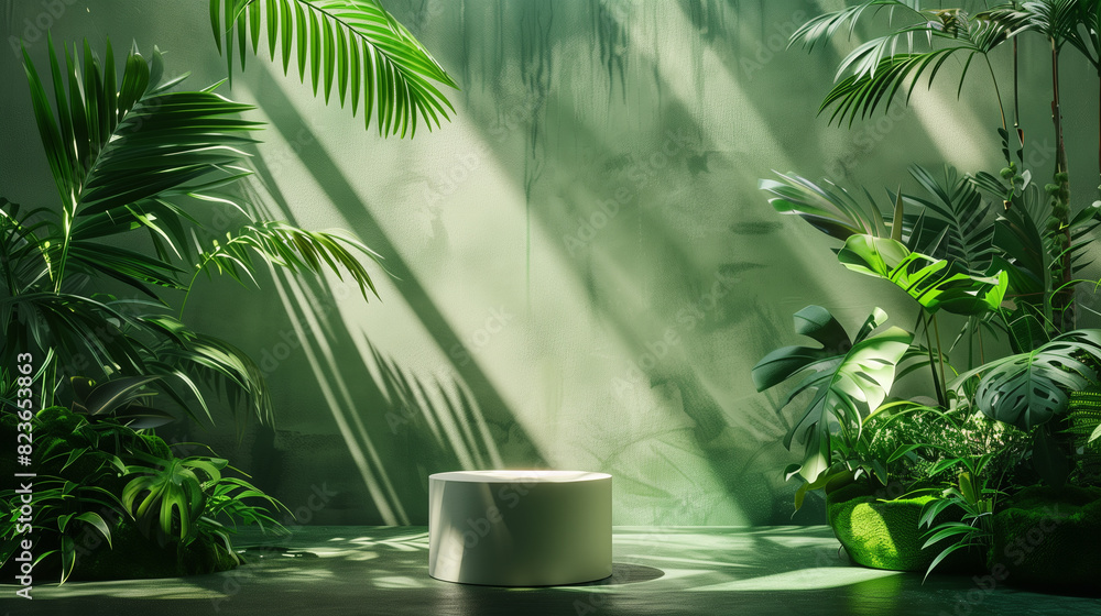 Obraz premium Creative Product Placement Platform Surrounded by Lush Greenery