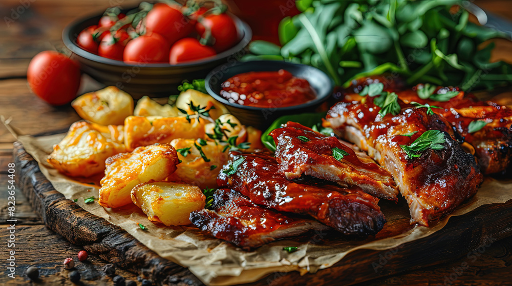 Fresh BBQ Platter On A Rustic Wooden Table on Blurry Background