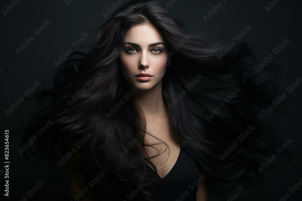 Stunning model with voluminous, wavy dark hair on a black background