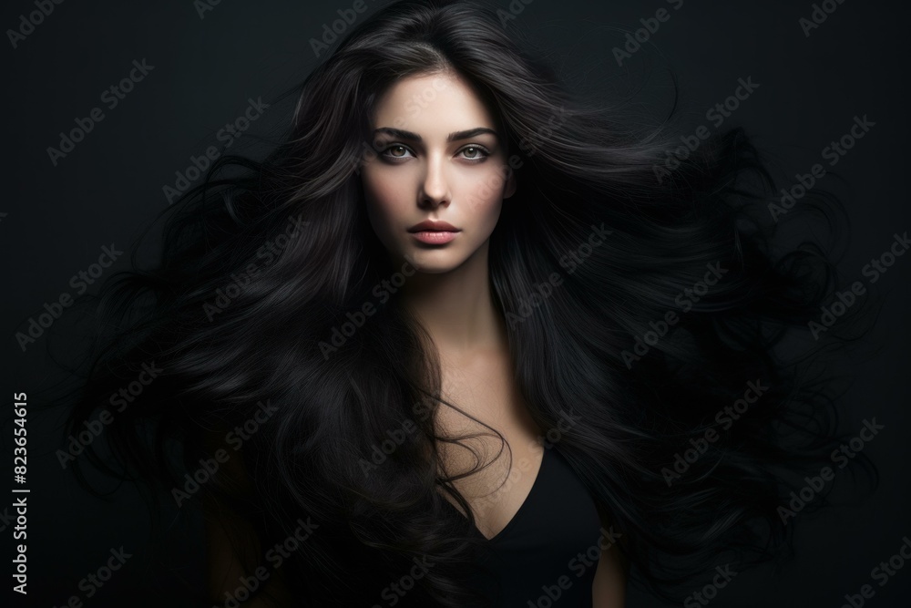 Stunning model with voluminous, wavy dark hair on a black background Stunning model with voluminous, wavy dark hair on a black background