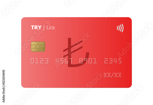 Turkish lira bank credit card isolated on white background. Vector illustration, mockup.
