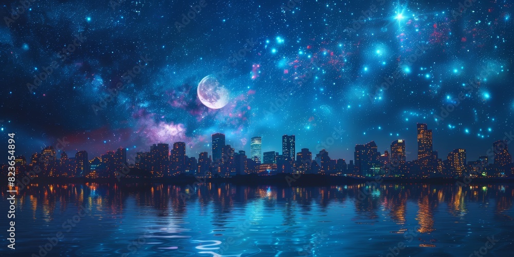 Skyline with moon and stars, highrises and reflections close up, focus on, copy space, bright and celestial colors, Double exposure silhouette with night sky elements