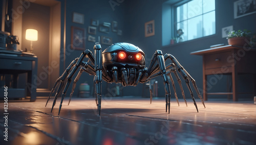A futuristic mechanical spider with a sleek metallic body and glowing blue eyes stands prominently. The spider's legs are jointed and detailed, displaying advanced technology photo