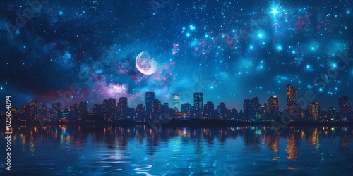 Skyline with moon and stars  highrises and reflections close up  focus on  copy space  bright and celestial colors  Double exposure silhouette with night sky elements