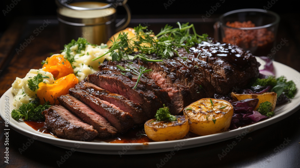 German Sauerbraten Marinated Beef Roast with A Spiced Gravy And Braised Red Cabbage on Blurry Background German Sauerbraten Marinated Beef Roast with A Spiced Gravy And Braised Red Cabbage on Blurry Background