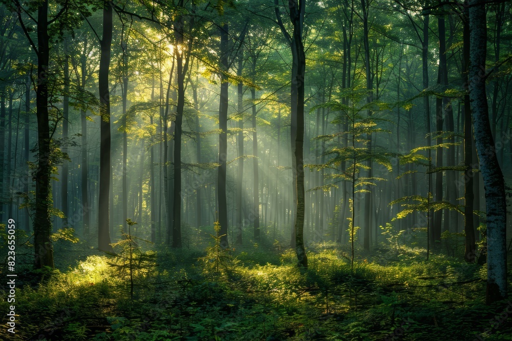 Naklejka premium Serene forest landscape, sunlight filtering through trees close up, focus on, copy space, lush and vibrant greens, Double exposure silhouette with peaceful woodland