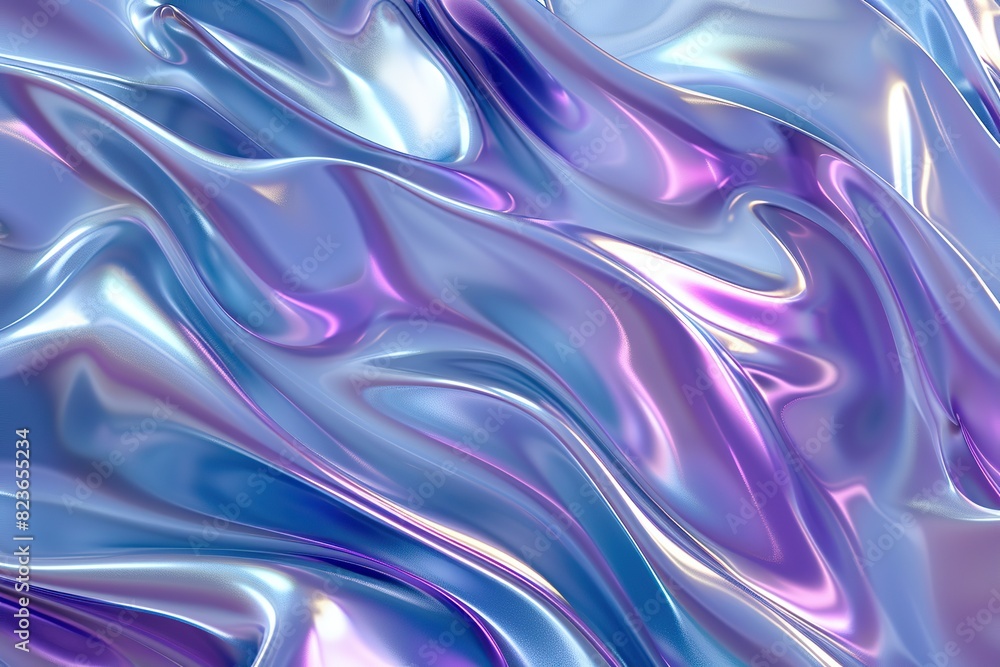 Fototapeta premium Abstract pink purple liquid metal background. Holographic chrome smooth gradient waves industrial backdrop. Shining bent surface with ripples, reflections. Swirl blue fluid melting wavy flowing motion