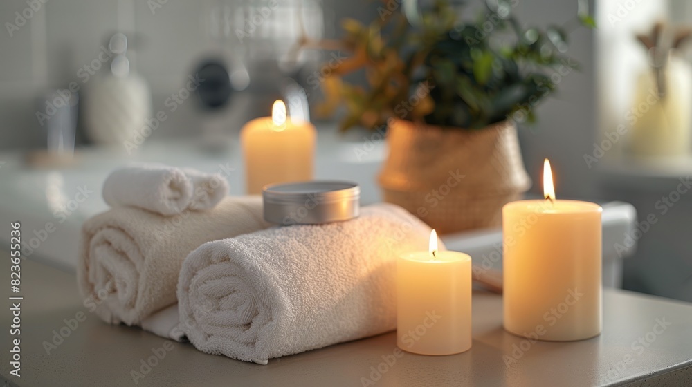 Spa essentials with lit candles and rolled towels cozy atmosphere. Spa essentials with lit candles and rolled towels cozy atmosphere.