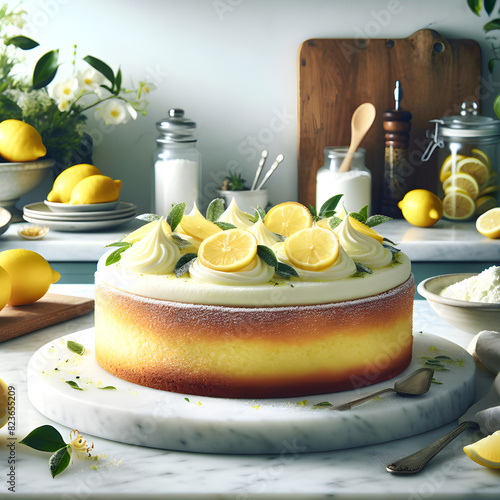 Fiadone Ricotta Lemon Cake on White Marble Counter photo