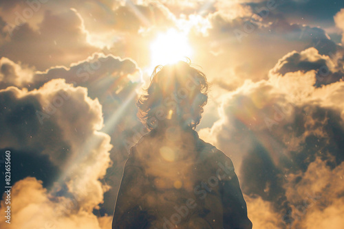 Fototapeta Naklejka Na Ścianę i Meble -  Woman in clouds with angels made with generative AI