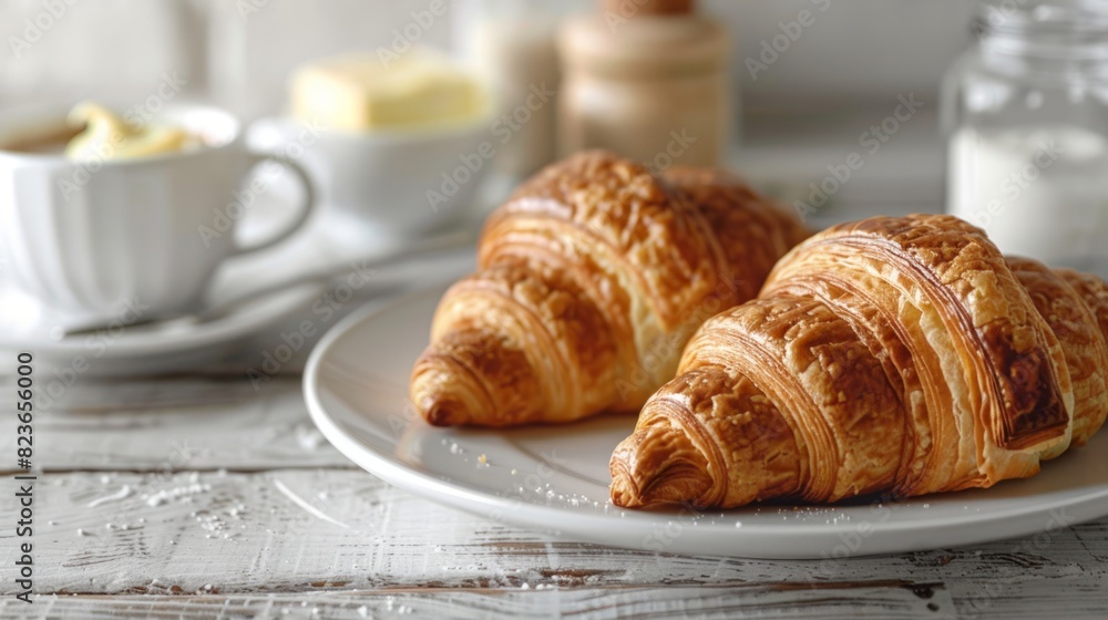 Delicious Fresh Croissants on a Plate with Coffee in the Background
