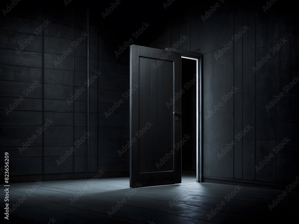 An architectural interior element for a modern minimalist concept with a closed door in a dark room on a black background design. An architectural interior element for a modern minimalist concept with a closed door in a dark room on a black background design.