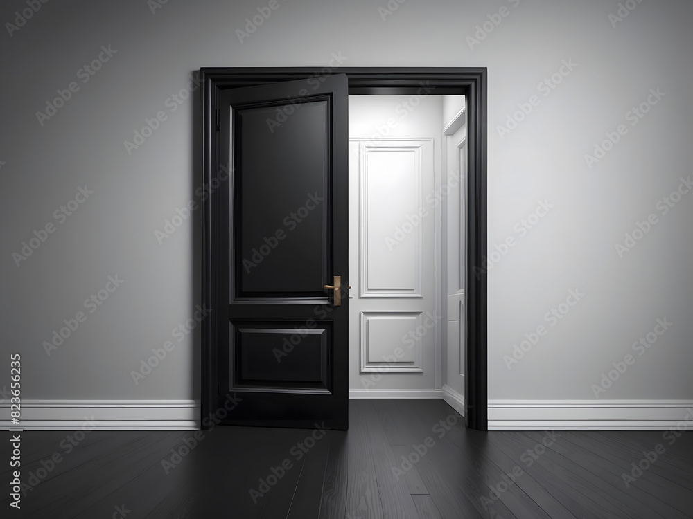 An architectural interior element for a modern minimalist concept with a closed door in a dark room on a black background design. An architectural interior element for a modern minimalist concept with a closed door in a dark room on a black background design.