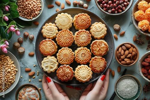 A plate of assorted cookies and nuts is on a table photo