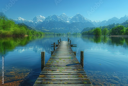 A wooden bridge spans a body of water with mountains in the background