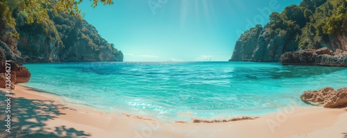 Secluded cove with clear turquoise water, sandy beach close up, focus on, copy space, bright and serene hues, Double exposure silhouette with tropical paradise