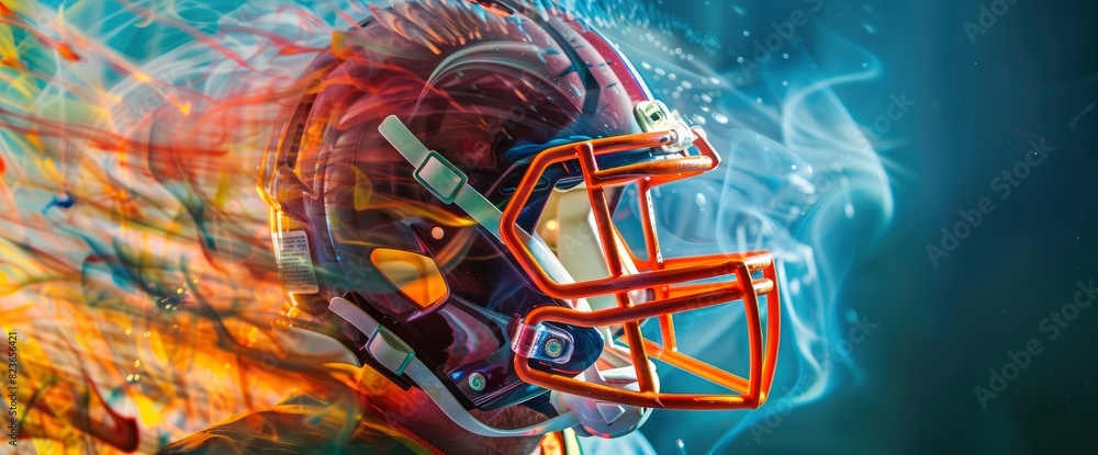Fototapeta premium Football Helmet With Vibrant, Swirling Patterns In Action With Copy Space, Football Background