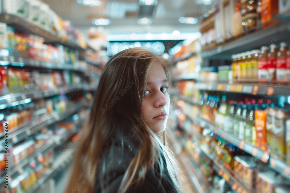 Portrait of a сute European girl shopping in a supermarket. Retail customer concept