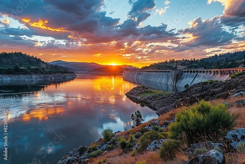 A Sunset View of the Oroville Dams Illustrating the Vital. Generative Ai photo